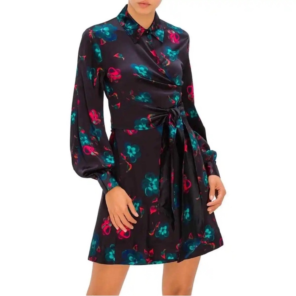 NWT Ganni Black Silk Red/Blue Floral Short Wrap Dress Size 38/M